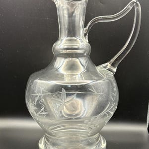 Vintage Clear Glass Wine Decanter or water pitcher - etched grapevines