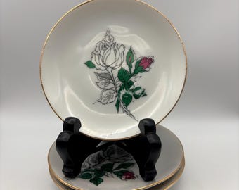 Vintage small decorative porcelain plate with hand-painted rose design & gold trim - set of 3