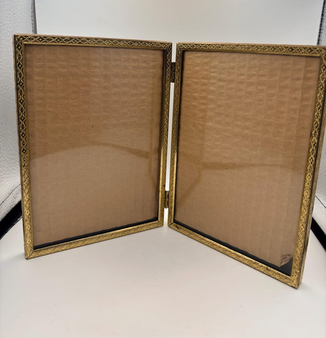 Vintage MCM Hinged Gold-toned Metal Double Photo Frame With Embossed ...