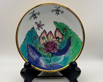 Bol de porcelana china vintage pintado a mano con base de latón - Diseño multicolor de hojas de tabaco