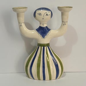 Vintage Kerzenständer von Hedi Schoop California Pottery – stilisierte Frau, blau-grünes Kleid, zweiseitiges Gesicht