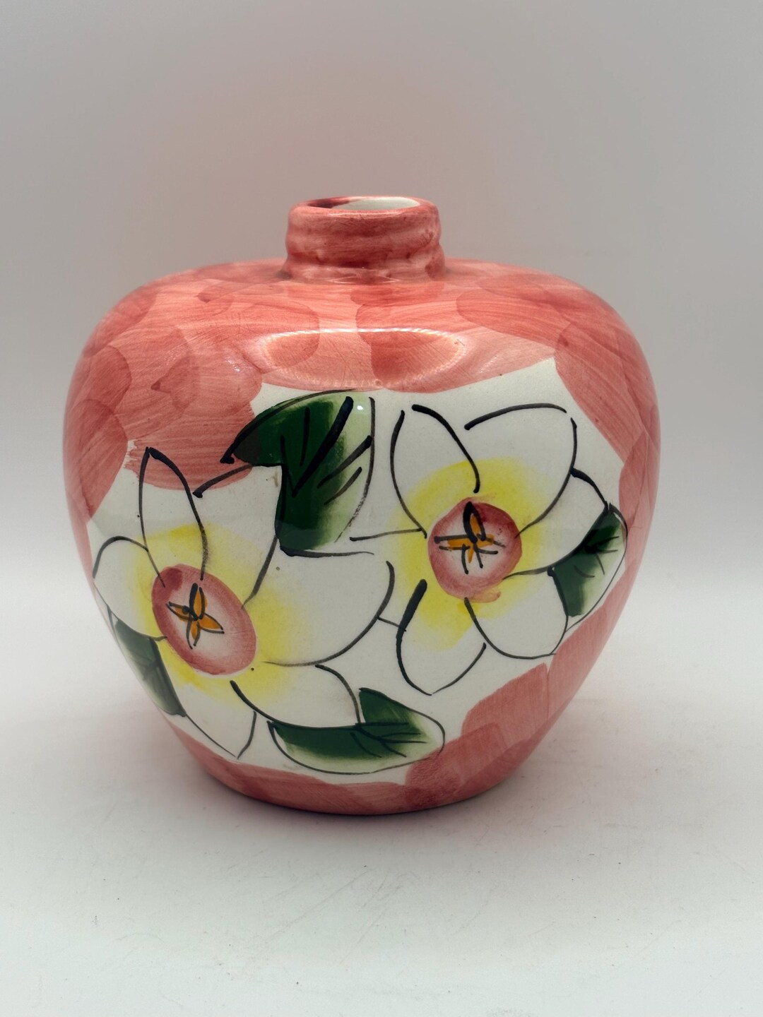 Small Ceramic Bud Vase - Hand Painted Pink Wash - Yellow & White ...