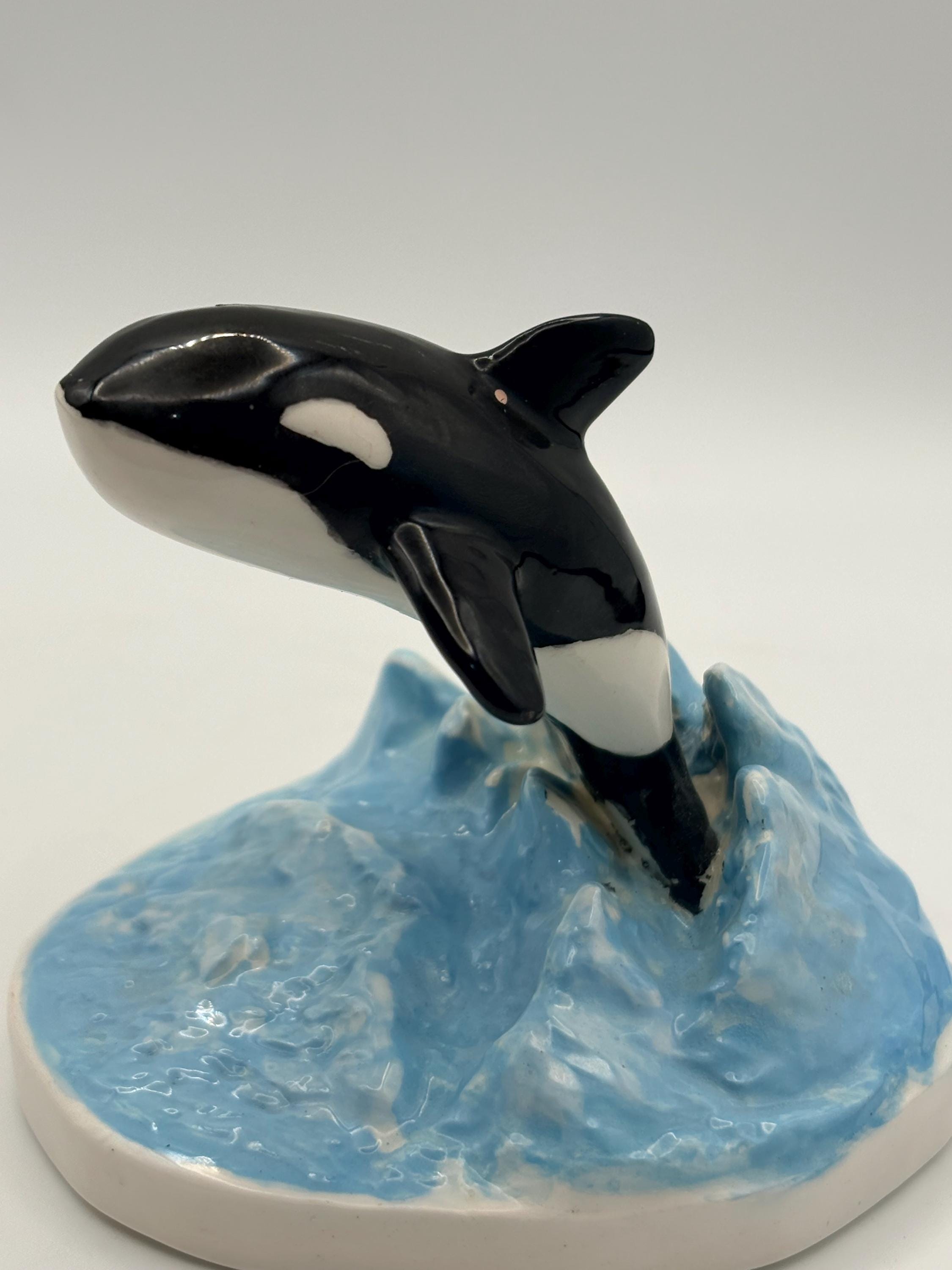 Vintage Ceramic Sea World Orca Figurine - Whale Leaping Over Waves