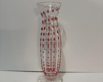 Vintage Murano-style art glass vase - clear ribbed with red dot decorations & fluted pedestal base