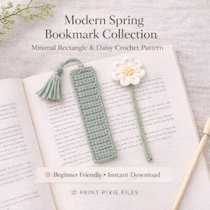 Può includere: Una collezione di segnalibri all'uncinetto primaverili. L'immagine presenta due segnalibri: uno rettangolare con nappa e uno a forma di margherita. Il testo sull'immagine recita "Modern Spring Bookmark Collection" e "Beginner Friendly • Instant Download."