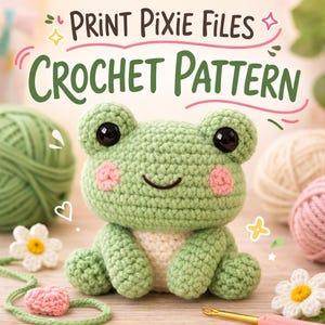 Puede incluir: Una rana de ganchillo con cuerpo verde claro, vientre crema y mejillas rosas, rodeada de ovillos de lana y accesorios de ganchillo. La imagen incluye el texto "Print Pixie Files" y "Crochet Pattern".