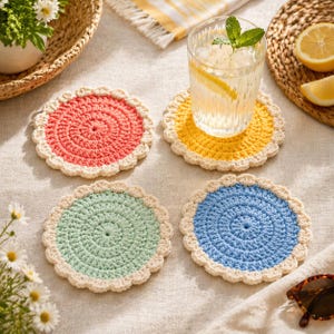 May include: Four colorful, handmade crochet coasters. Each coaster features a scalloped edge and a circular design. Colors include red, yellow, green, and blue, with a cream-colored border. A glass of water with lemon and mint sits on one of the yellow coasters.