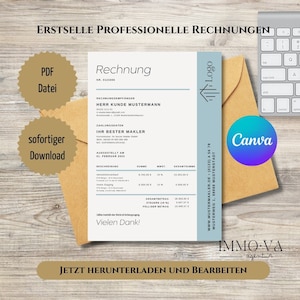 May include: A blue and white invoice template with the text "Rechnung" (German for invoice) and "Ihr Bester Makler" (German for "Your Best Broker") at the top. The invoice is for a customer named "Herr Kunde Mustermann" (German for "Mr. Customer Sample"). The invoice includes a description of the services provided, the amount of each service, and the total amount due.