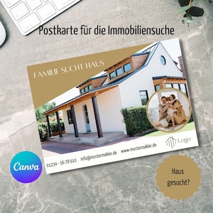 Postkarte Immobilienmakler, Familie sucht Haus, Immobilienmarketing, Immobilienmakler, Canva Vorlagen, VORLAGEN LINK CANVA