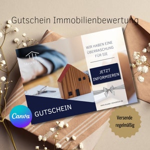 Postkarte Immobilienmakler, Gutschein Immobilienbewertung, Immobilienmarketing, Immobilienmakler, Canva Vorlagen, VORLAGEN LINK CANVA