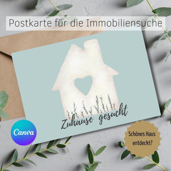 Postkarte Immobiliensuche,  Haus gesucht, Zuhause gesucht, Postkarte Haus, Canva Vorlagen, VORLAGEN LINK CANVA