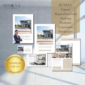 Pacchetto: Exposé, brochure di acquisizione, vetrina, biglietto da visita, carta intestata e cartolina per agenti immobiliari come modelli Canva,