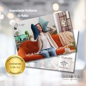 Ansprechende Postkarte für Immobilienmakler als Canva Template, die mehr Aufmerksamkeit schafft. Marketing für dein Makler – Business.