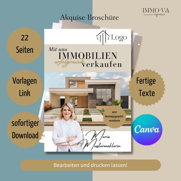 Akquise Broschüre, Verkäufer Guide, Akquise Hilfe Makler,  Immobilien Marketing, Immobilienmakler, Canva Vorlage, Image Broschüre, Link