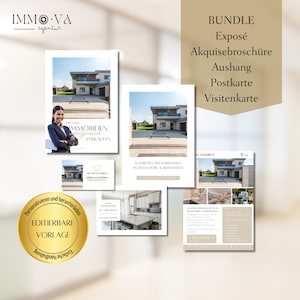 Pacchetto: Exposé, brochure di acquisizione, avviso vetrina, biglietto da visita e cartolina per agenti immobiliari come modelli Canva,