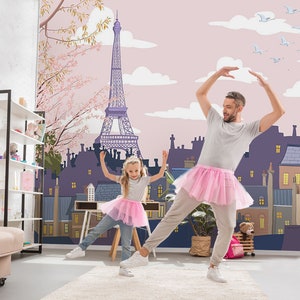 MURALE PER BAMBINI, Carta da parati di Parigi, Murale sui tetti di Parigi, Murale della torre Eifeel, Carta da parati per bambini, Murale per bambini, Carta da parati per ragazze,