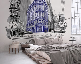 mural New york street -New York city Taxis wallpaper - New York wallpaper mural for teen -  illustration NY wallpaper - sketch NYC - NYC
