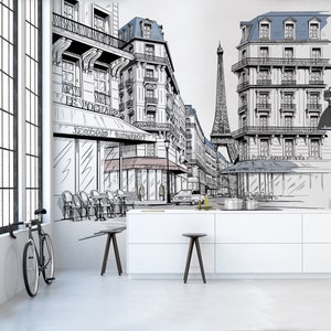 Mural drawing Paris wallpaper - illustration Paris street mural - Eiffel tower - street buildings mural Paris - wallpaper Paris - roof paris