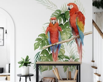 Mural of parrots - Wallpaper tropical flowers - Floral wallpaper parrots in watercolor