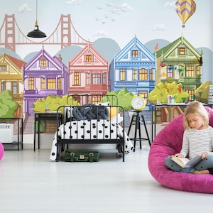 San Francisco Nursery Wallpaper - Colorful House Mural for Children&#39;s Room - Cityscape Mural for Kids - San Francisco Inspired Nursery Decor