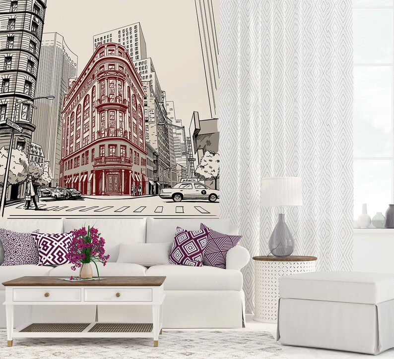 Wallpaper of New York Mural of a Street New York City Etsy