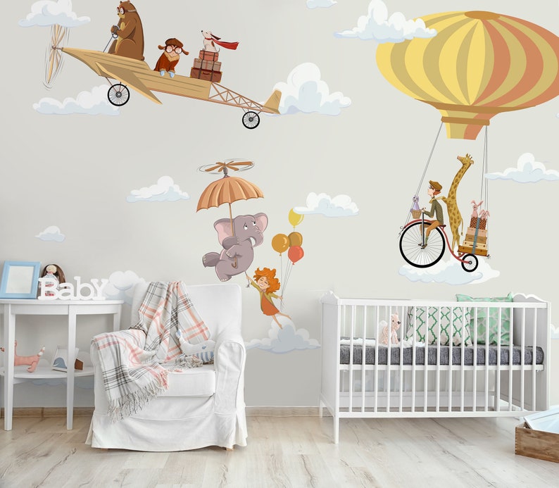 Kids Mural With Animals Yellow Wallpaper for Baby Room Etsy