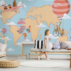 PEINTURE MURALE POUR ENFANTS, PAPIER PEINT POUR ENFANTS, PEINTURE MURALE POUR ENFANTS SUR LA CARTE DU MONDE, CARTE DU MONDE DES ANIMAUX, PEINTURE MURALE ROSE BLEU POUR ENFANTS, FRESQUE POUR ANIMAUX