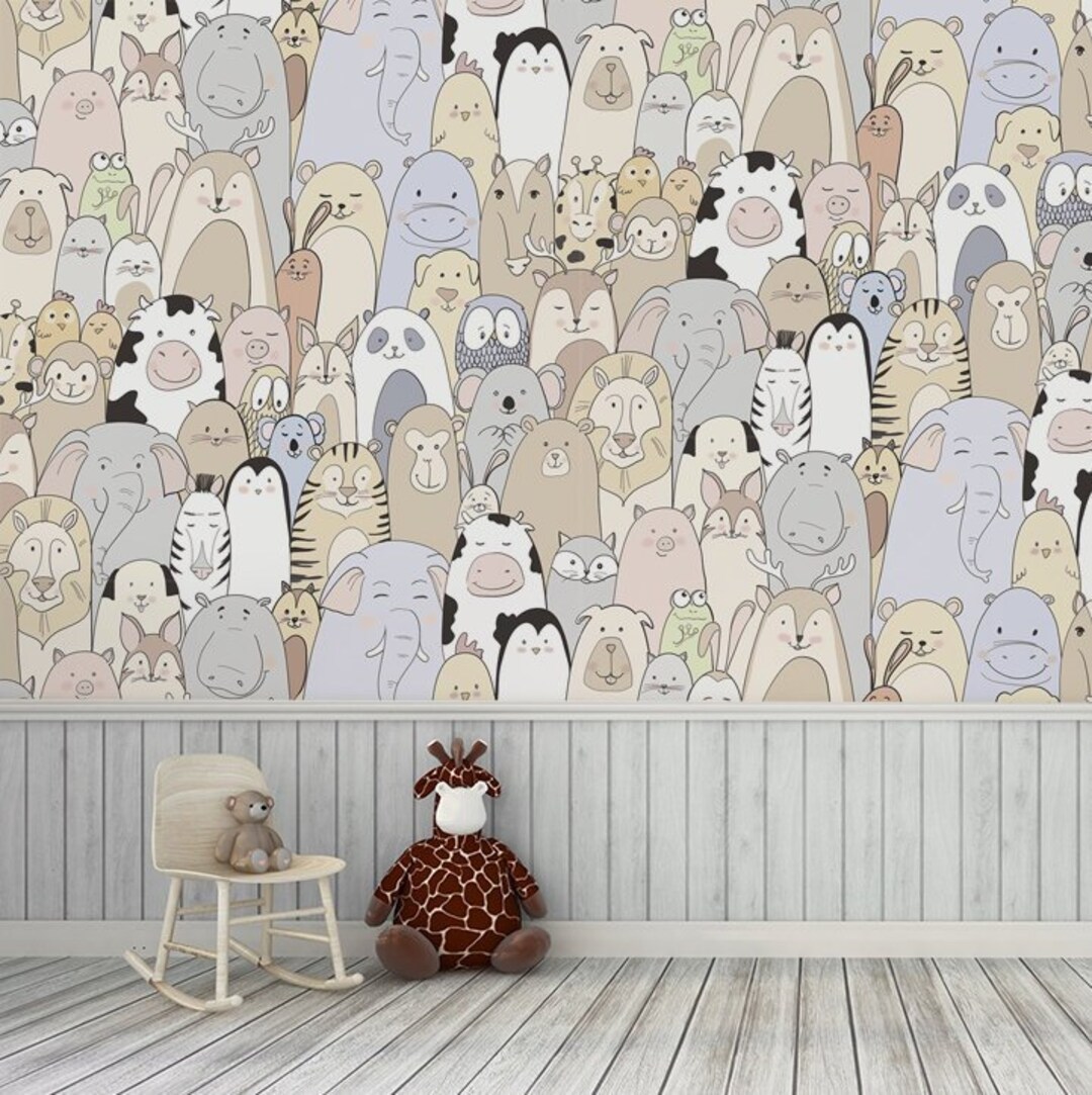 Children's Animal Wallpaper, Children's Mural, Zoo Animals Wallpaper