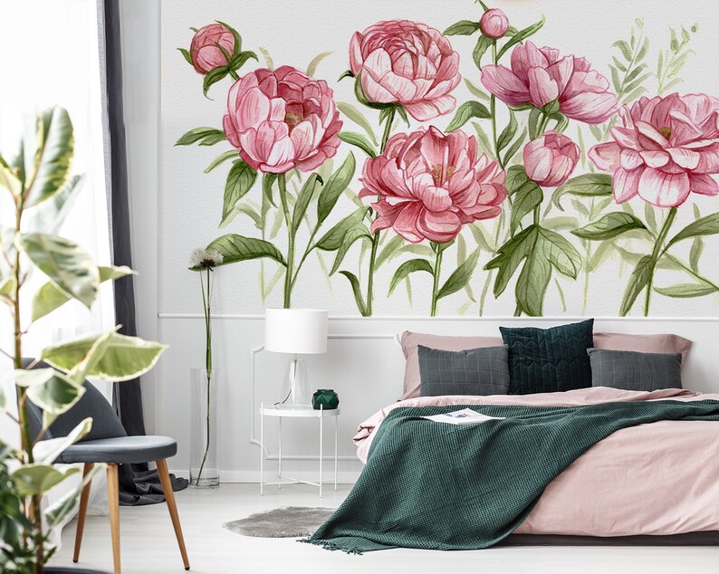 Watercolor Pink Peonies Mural Peony Floral Wallpaper | Etsy