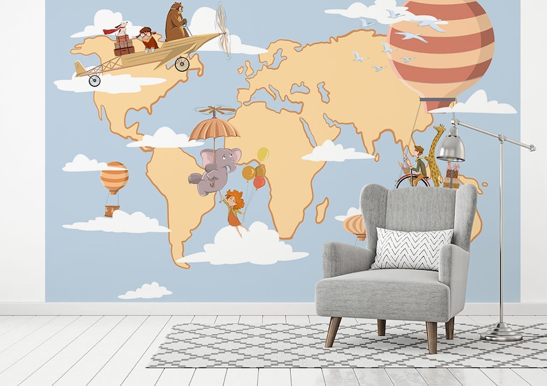 children wallpaper animals and map nursery mural animals flying children/'s mural world map