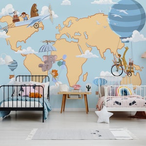 KINDER MUURSCHILDERING, KINDERBEHANG, KINDER WERELDKAART MUURSCHILDERING, DIEREN WERELDKAART, KINDEREN BLAUWROZE MUURSCHILDERING, DIERENBALLONNEN MUURSCHILDERING KINDEREN