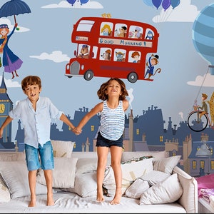 MURALE PER BAMBINI LONDRA, CARTA DA PARATI PER BAMBINI, PARETE DECORATIVA PER BAMBINI, MURALE ANIMALE LONDRA, MURALE DI MARY POPPINS, MURALE PER BAMBINI,