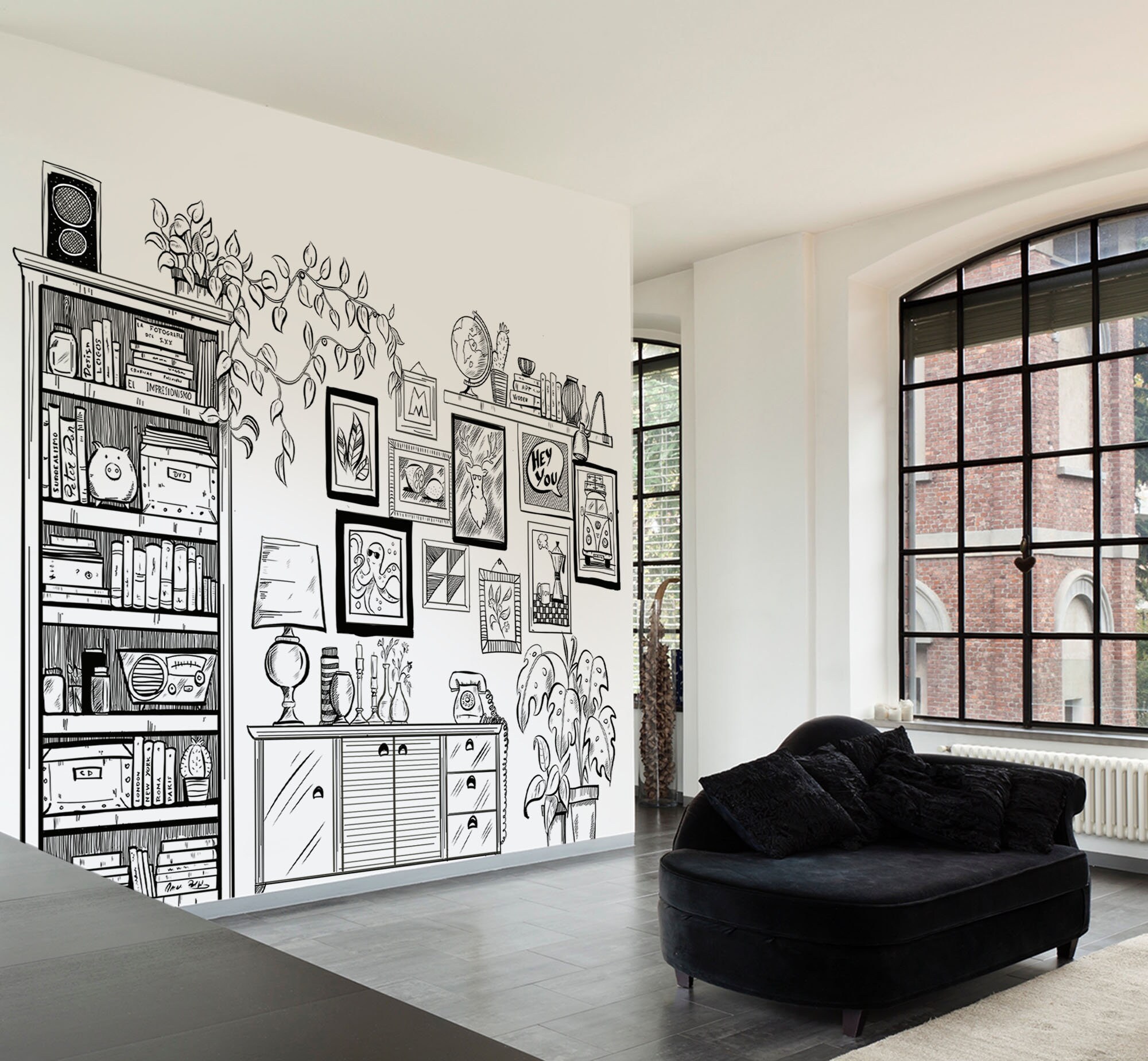 BLACK and WHITE MURAL Wallpaper Mural Black and White Etsy