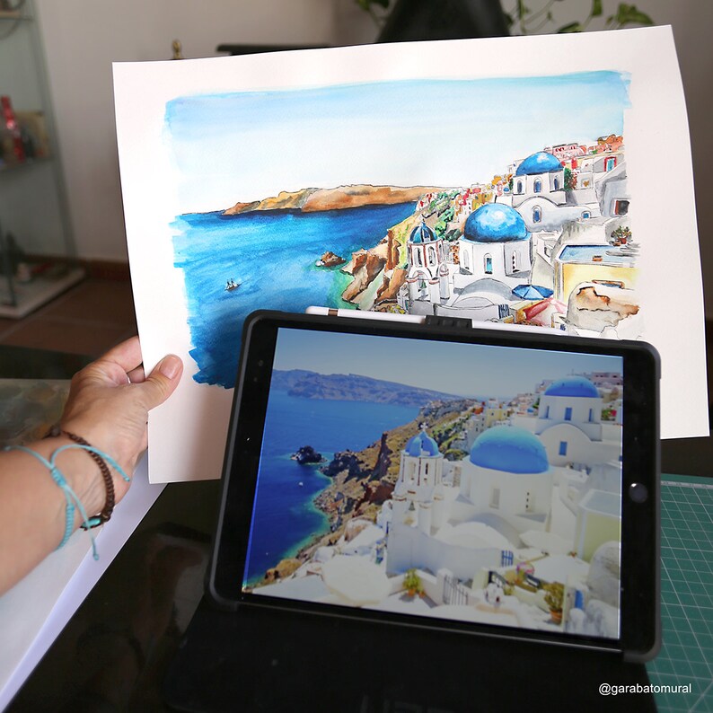 landscape mural in watercolour mural greek island wallpaper watercolor Santorini wallpaper