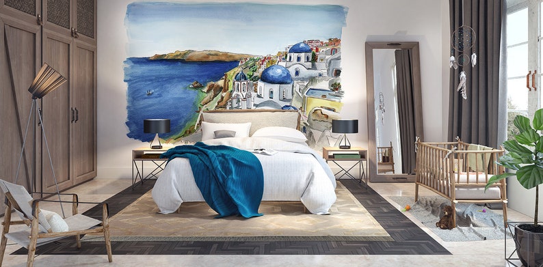 landscape mural in watercolour mural greek island wallpaper watercolor Santorini wallpaper