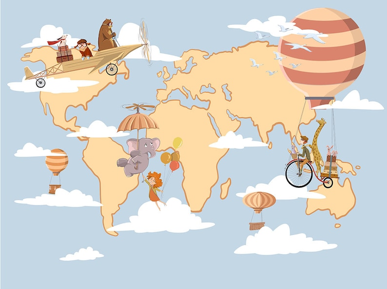 children wallpaper animals and map nursery mural animals flying children/'s mural world map