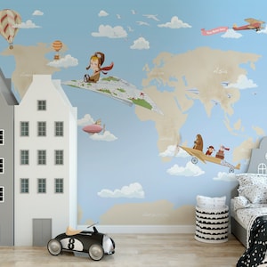INFANTI MURALLa carte du monde, Amelia Earhart, papier peint pour enfants, peinture murale pour enfants, plan du monde plat, peinture murale rose, Amelia Earhart,