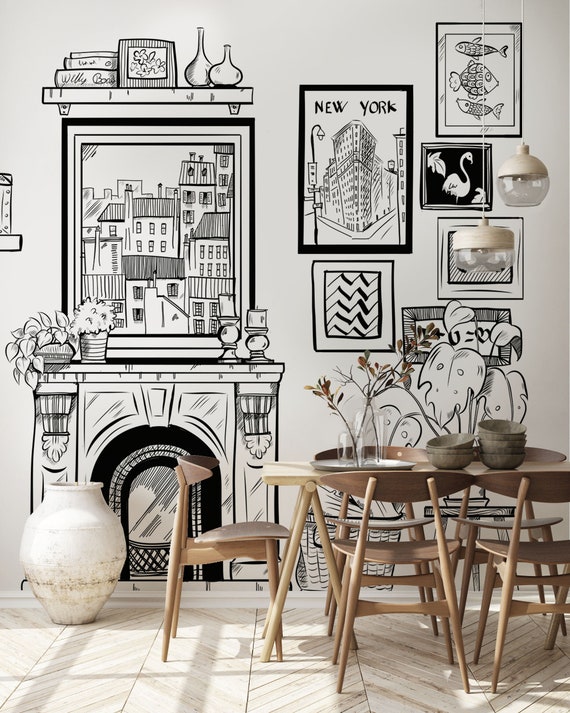 Mural Drawing Marker Wallpaper Drawing Felt Tip Black and White Wall  Furniture's Illustration Wall Marker-drawn Murals fireplace 
