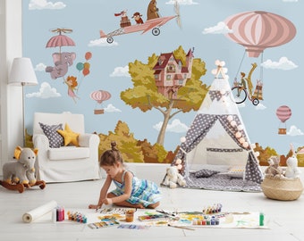 kids mural of a landscape and animals - children's mural of the tree house - nursery mural of a forest - pink wallpaper for girl room