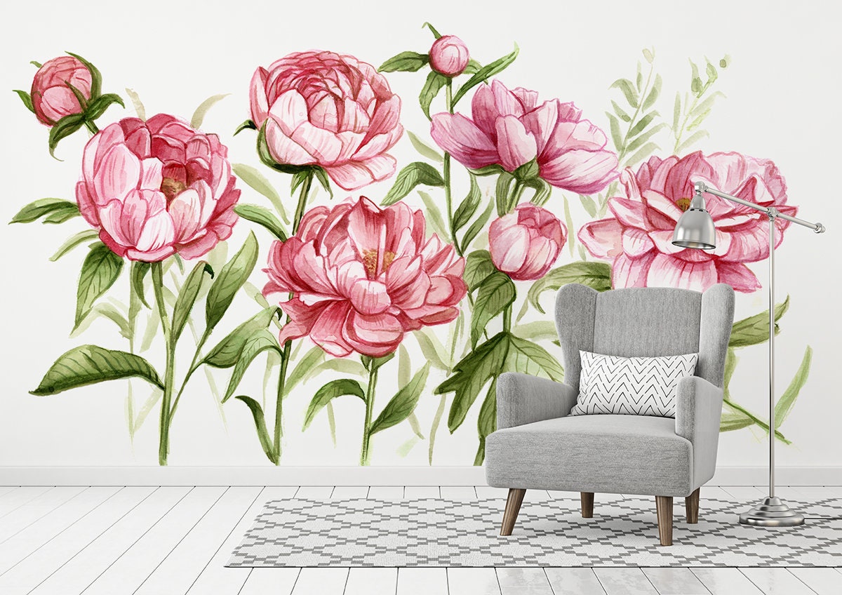 Watercolor Pink Peonies Mural Peony Floral Wallpaper | Etsy
