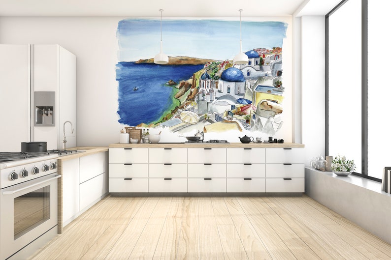 landscape mural in watercolour mural greek island wallpaper watercolor Santorini wallpaper