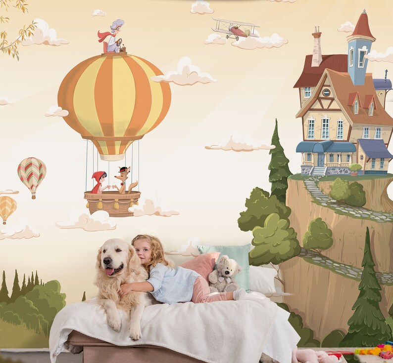 Red Riding Hood MURAL custom wallpaper children/'s tale wallpaper traditional illustration tale wallpaper