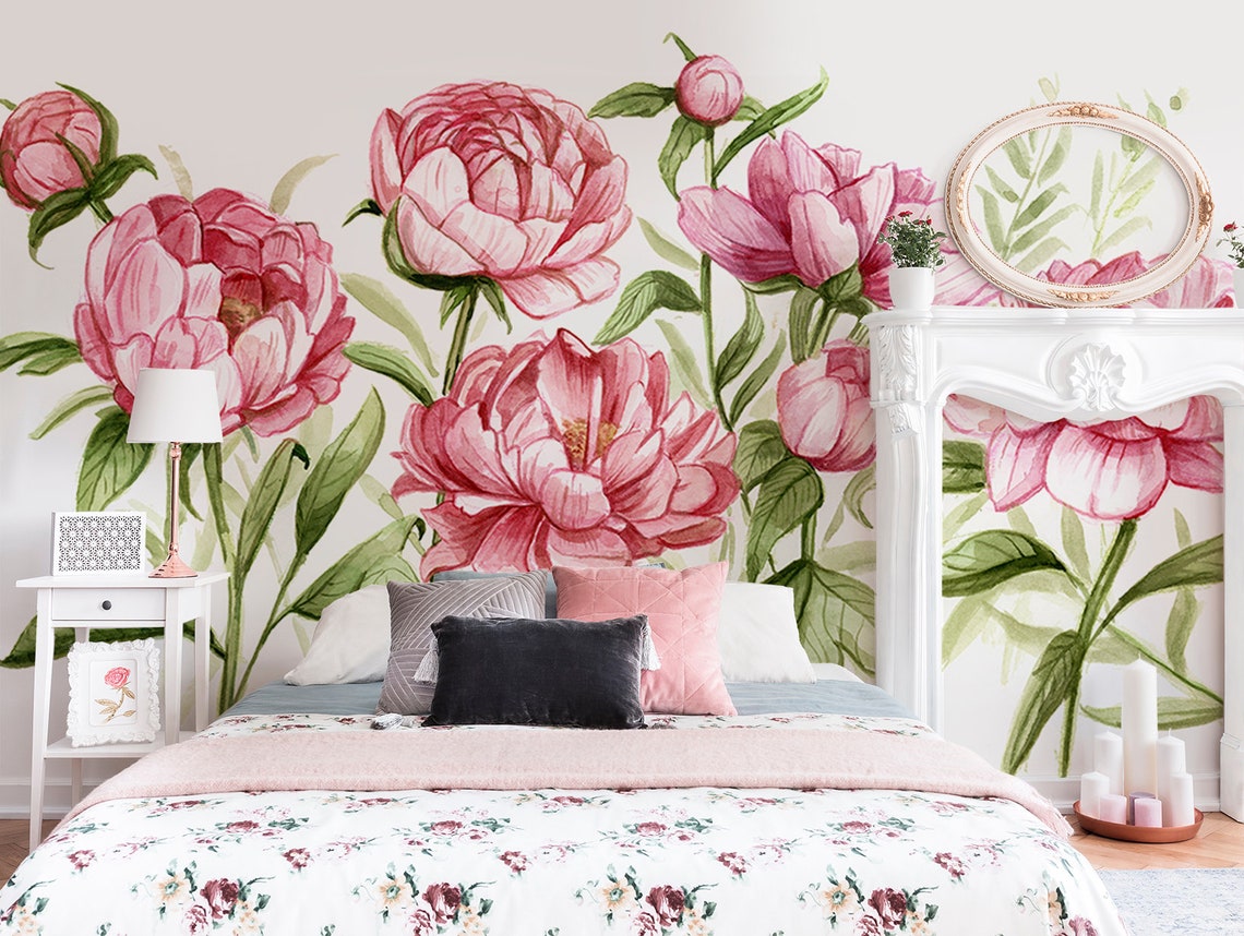 Watercolor Pink Peonies Mural Peony Floral Wallpaper - Etsy