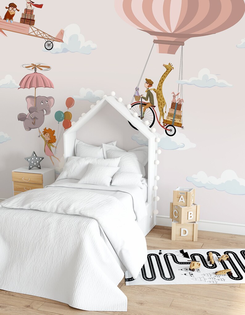 Children's Wallpaper - Kids Wall Mural With Animals and Clouds ...
