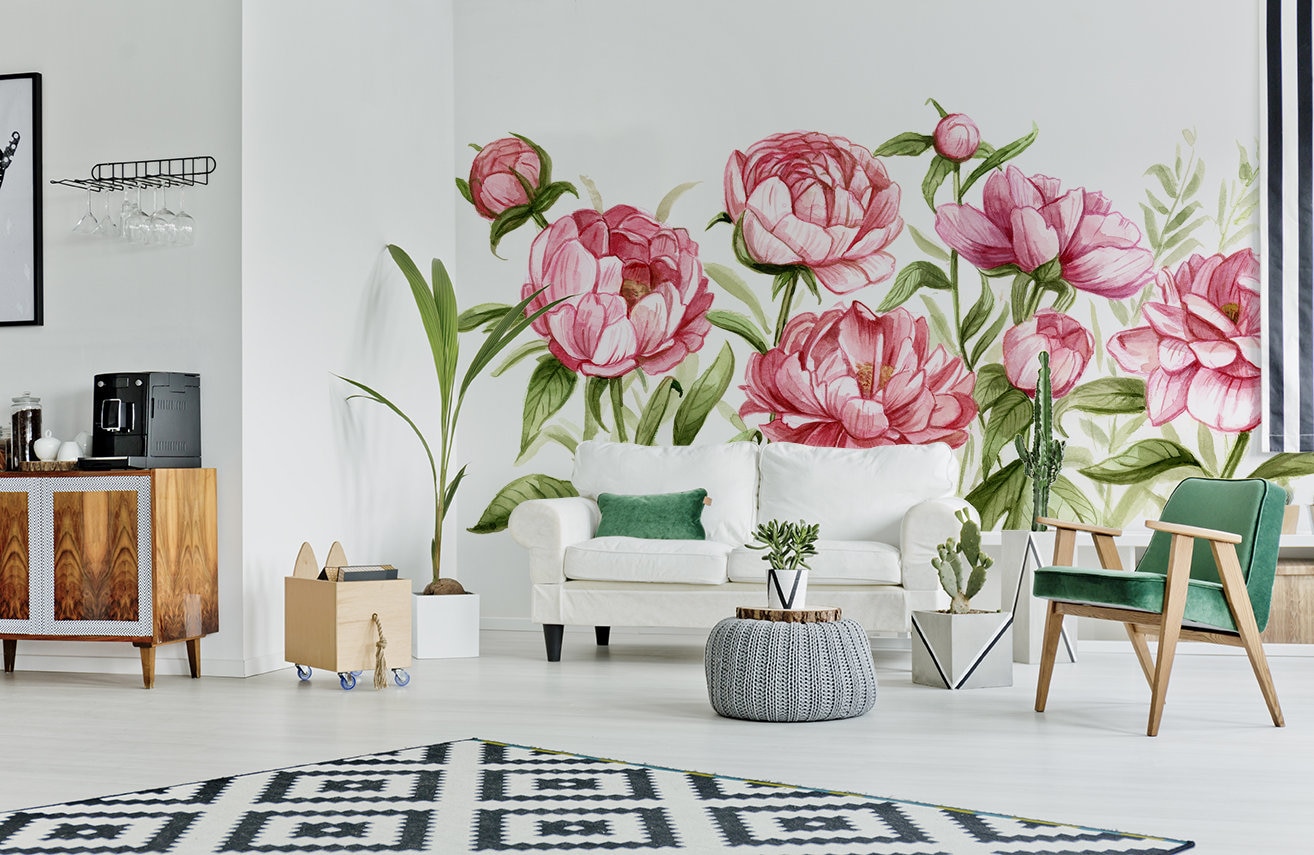 Watercolor Pink Peonies Mural Peony Floral Wallpaper | Etsy