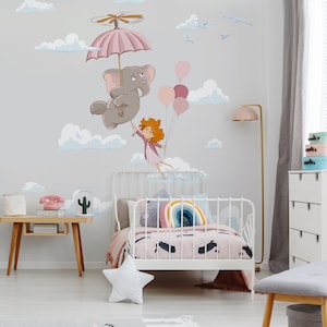 children's mural with a elephant - wallpaper for girl room - mural of kid in clouds - baby wall decoration
