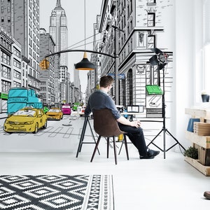 NYC cabs wallpaper - wallpaper NYC mural - modern city mural - urban mural for teen - drawing NYC - New York street mural