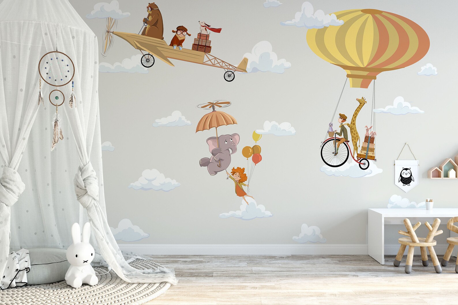 Animals Kids Wallpaper - Children's Mural With Clouds - Nursery Wall ...