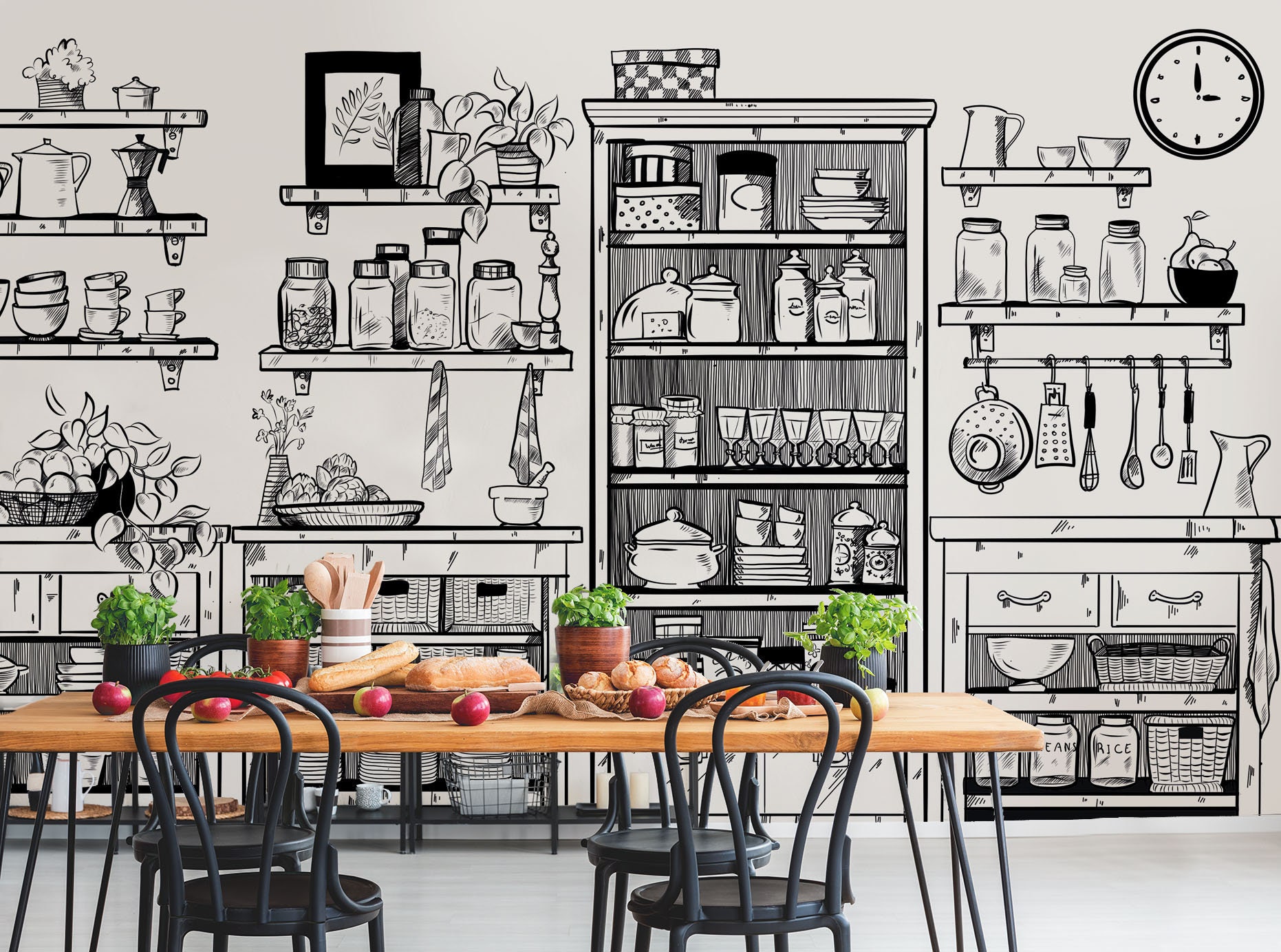 Black and White Mural Wallpaper - Kitchen Wallpaper Mural - Removable ...