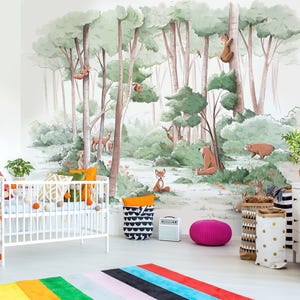 Carta da parati con animali della foresta per bambini - Carta da parati con animali per cameretta dei bambini - Carta da parati con acquerello - Carta da parati con natura - Decorazioni per neonati